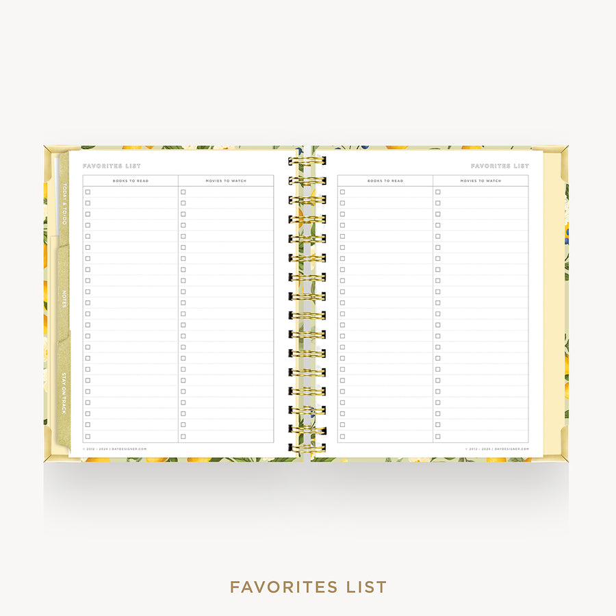 An open spiral-bound planner or notepad with two inner pages titled 'FAVORITES LIST,' shown on a light gray background with the same title printed below.