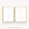 An open spiral-bound planner or checklist book titled 'ENTERTAINMENT CHECKLIST' with printed weekly tracking pages, shown on a light gray background with the same title below.