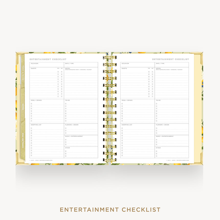 An open spiral-bound planner or checklist book titled 'ENTERTAINMENT CHECKLIST' with printed weekly tracking pages, shown on a light gray background with the same title below.