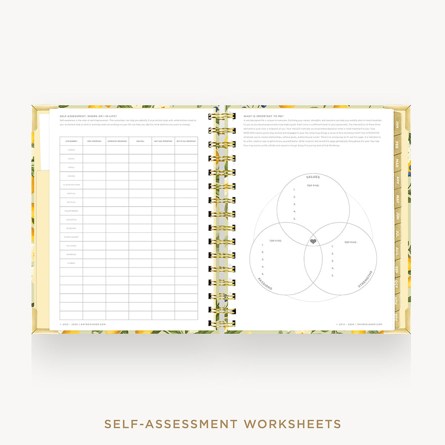 An open spiral-bound workbook showing self-assessment worksheet pages, with a floral-patterned cover and gold-toned spiral binding, centered on a light gray background with the text 'SELF-ASSESSMENT WORKSHEETS' below.