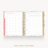 An open spiral-bound planner or agenda with floral pink and gold cover details, showing blank monthly and weekly calendar pages inside. The product is photographed on a light gray background with the text 'IDEAL MONTH AND WEEK' below.