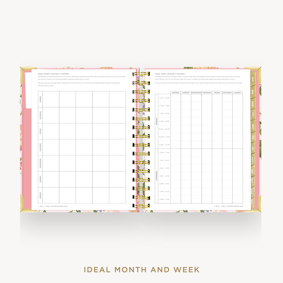 An open spiral-bound planner or agenda with floral pink and gold cover details, showing blank monthly and weekly calendar pages inside. The product is photographed on a light gray background with the text 'IDEAL MONTH AND WEEK' below.