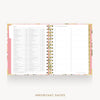 An open spiral-bound planner or agenda with floral pink and gold cover details, showing two white pages with printed text and checkboxes. The words 'IMPORTANT DATES' appear below on a light gray background.