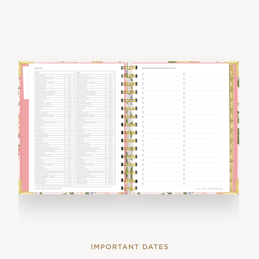An open spiral-bound planner or agenda with floral pink and gold cover details, showing two white pages with printed text and checkboxes. The words 'IMPORTANT DATES' appear below on a light gray background.