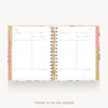 An open spiral-bound planner showing today and to-do pages, with a pastel floral cover and gold-tone spiral binding, on a light gray background with the text 'TODAY & TO-DO PAGES' below.