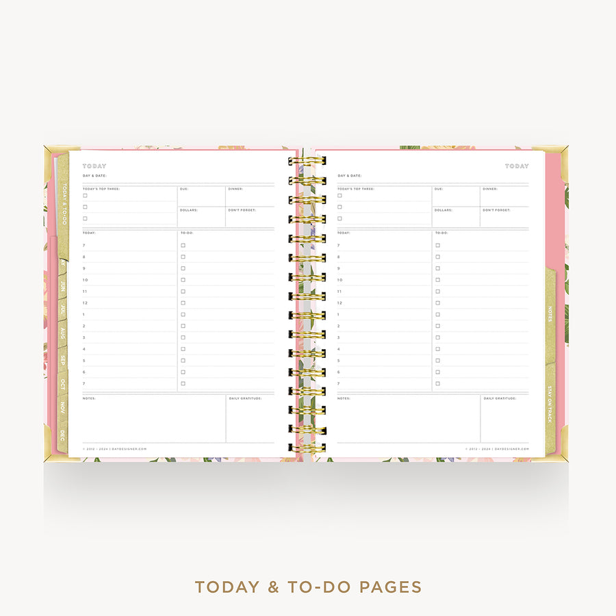An open spiral-bound planner showing today and to-do pages, with a pastel floral cover and gold-tone spiral binding, on a light gray background with the text 'TODAY & TO-DO PAGES' below.