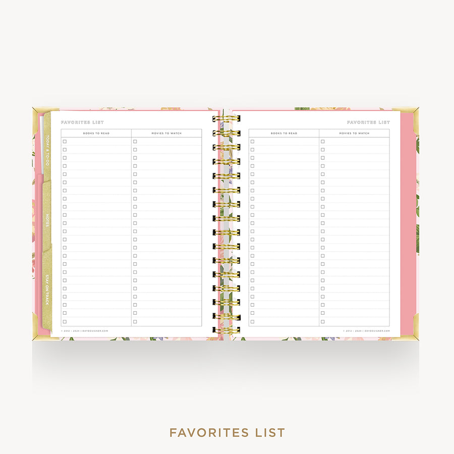 An open spiral-bound planner or agenda showing two 'Favorites List' pages with lined checkboxes, framed by a pink cover and floral-patterned edges, on a light gray background with the text 'FAVORITES LIST' below.
