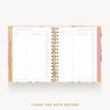 An open spiral-bound thank you note record planner on a light gray background. The pages are lined with a clean white layout, and the floral-patterned cover and gold wire binding are visible.