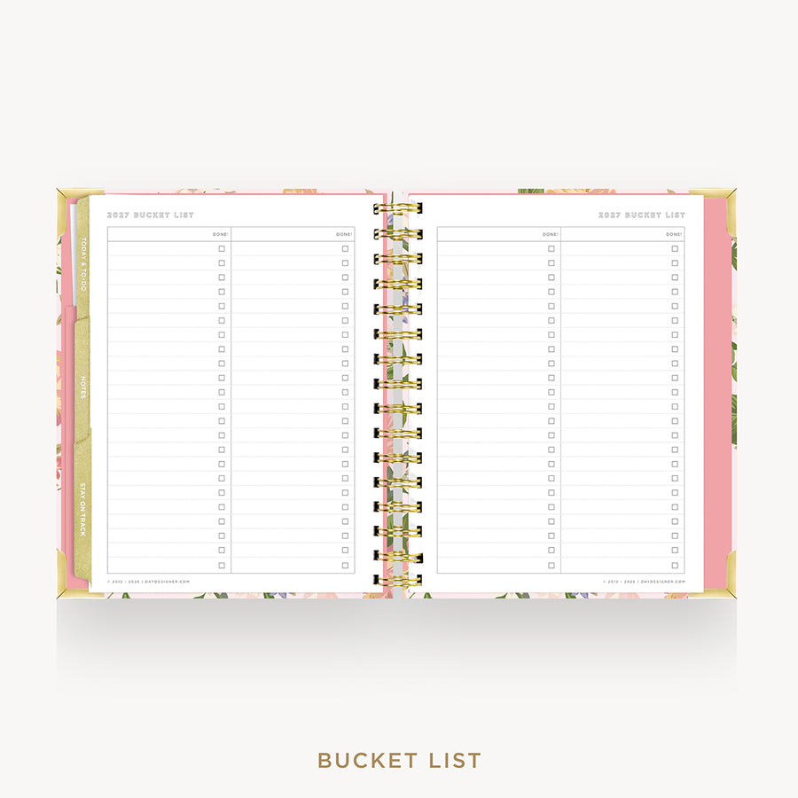 An open spiral-bound planner or notebook with a floral pink cover and lined pages labeled '2027 BUCKET LIST,' shown on a light gray background with the words 'BUCKET LIST' below.