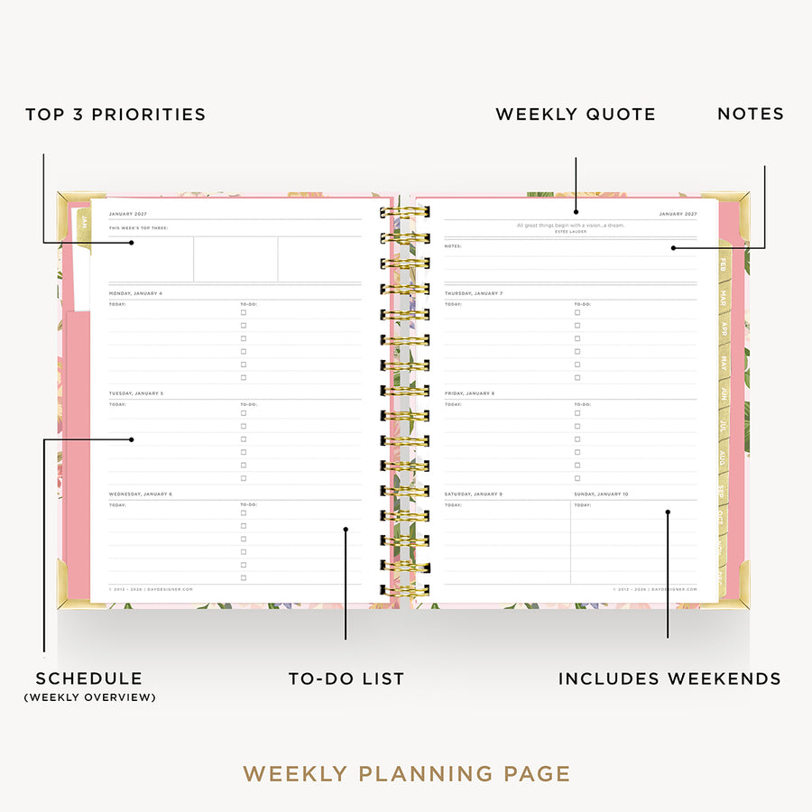 An open spiral-bound weekly planner page shown on a light gray background with callout labels pointing to sections such as top 3 priorities, weekly quote, notes, schedule, to-do list, and includes weekends.