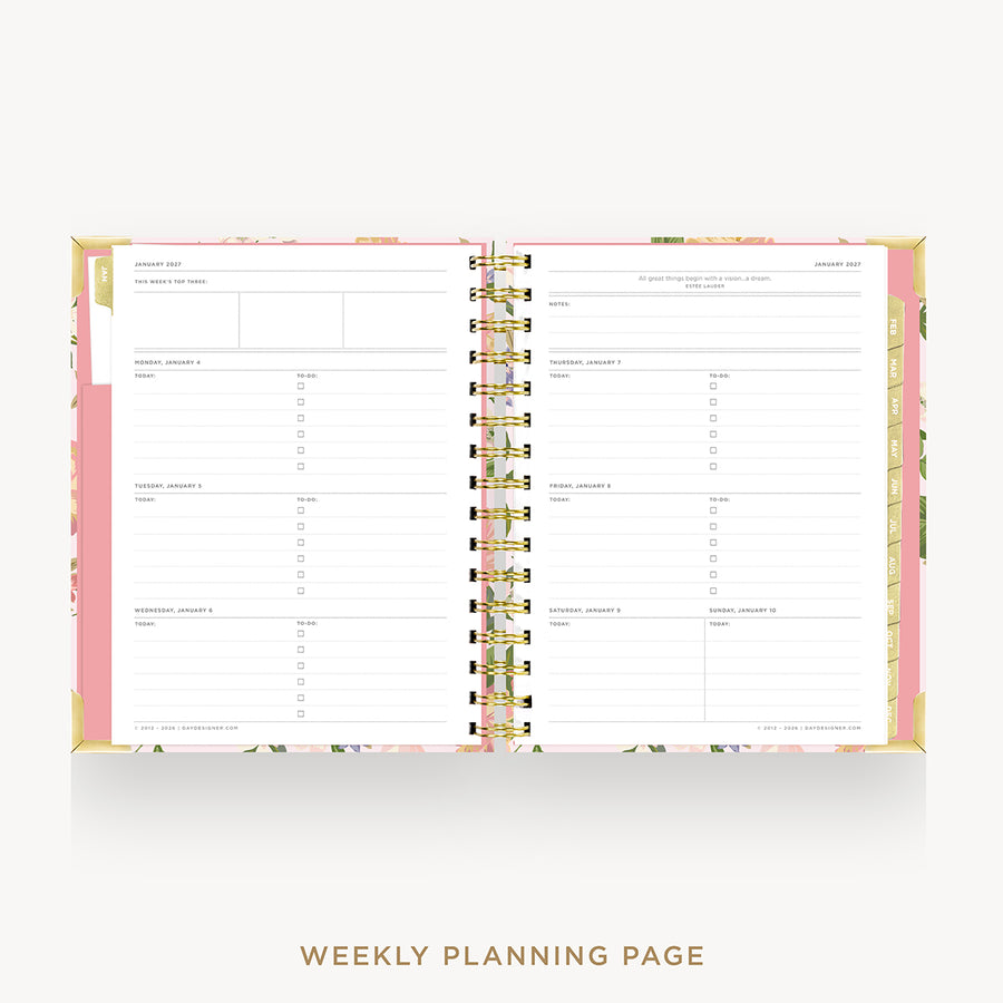 An open spiral-bound weekly planner page set displayed on a light gray background, with floral pink and gold accents and the text 'WEEKLY PLANNING PAGE' below.