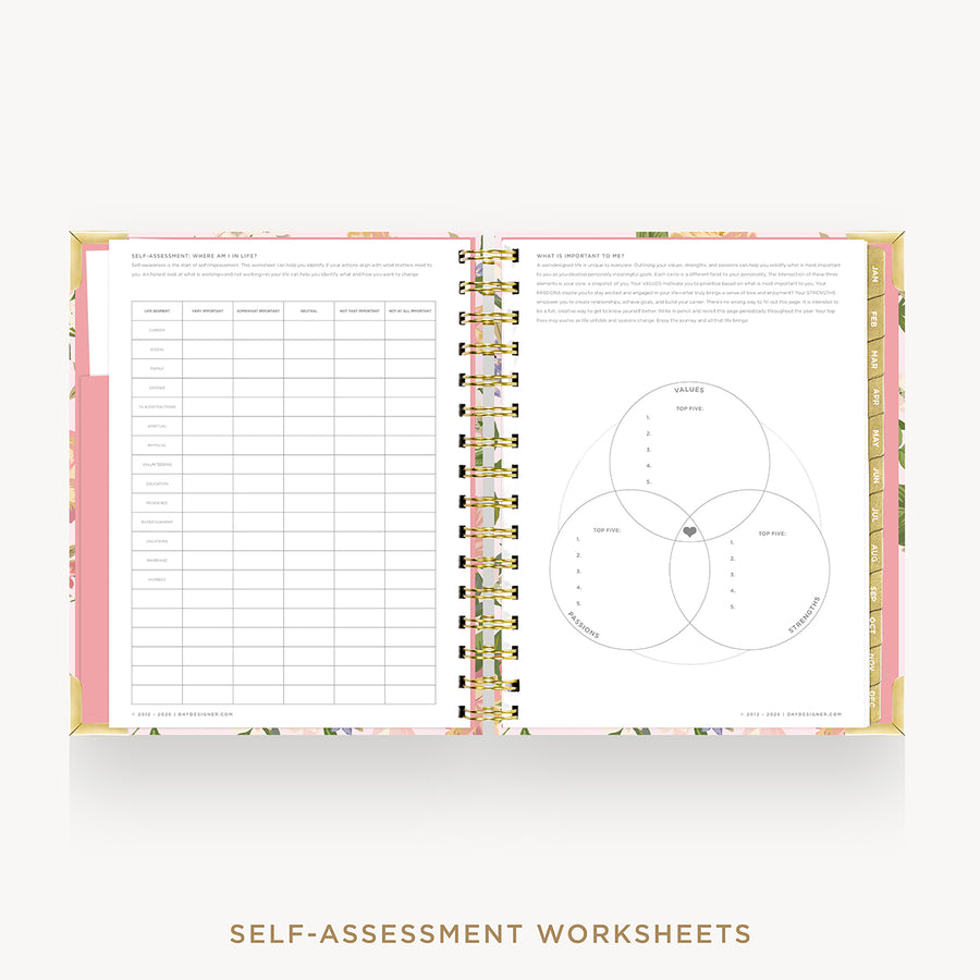 An open spiral-bound workbook showing self-assessment worksheets with pink floral-patterned pages and gold-toned binding, centered on a light gray background with the text 'SELF-ASSESSMENT WORKSHEETS' below.