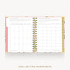 An open spiral-bound planner or notebook showing two printed goal-setting worksheet pages, with a pink floral cover and gold spiral binding on a light gray background. Text below reads 'GOAL-SETTING WORKSHEETS'.