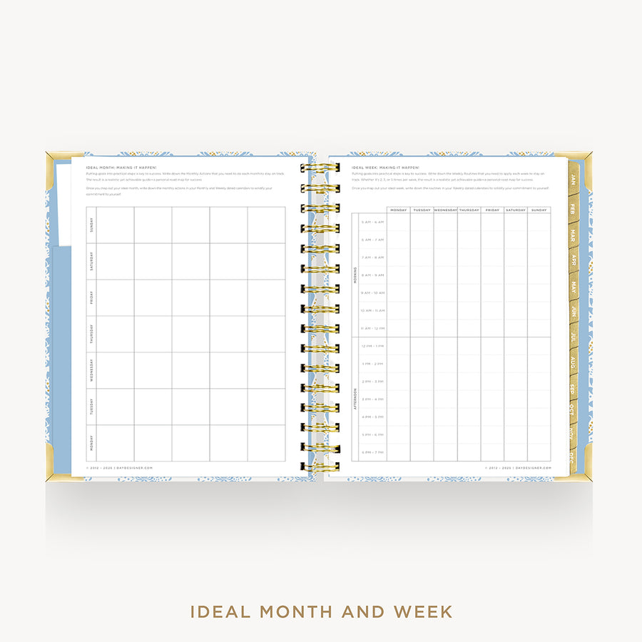 An open spiral-bound planner or calendar showing a monthly and weekly layout page, photographed on a light gray background with the text 'IDEAL MONTH AND WEEK' below.