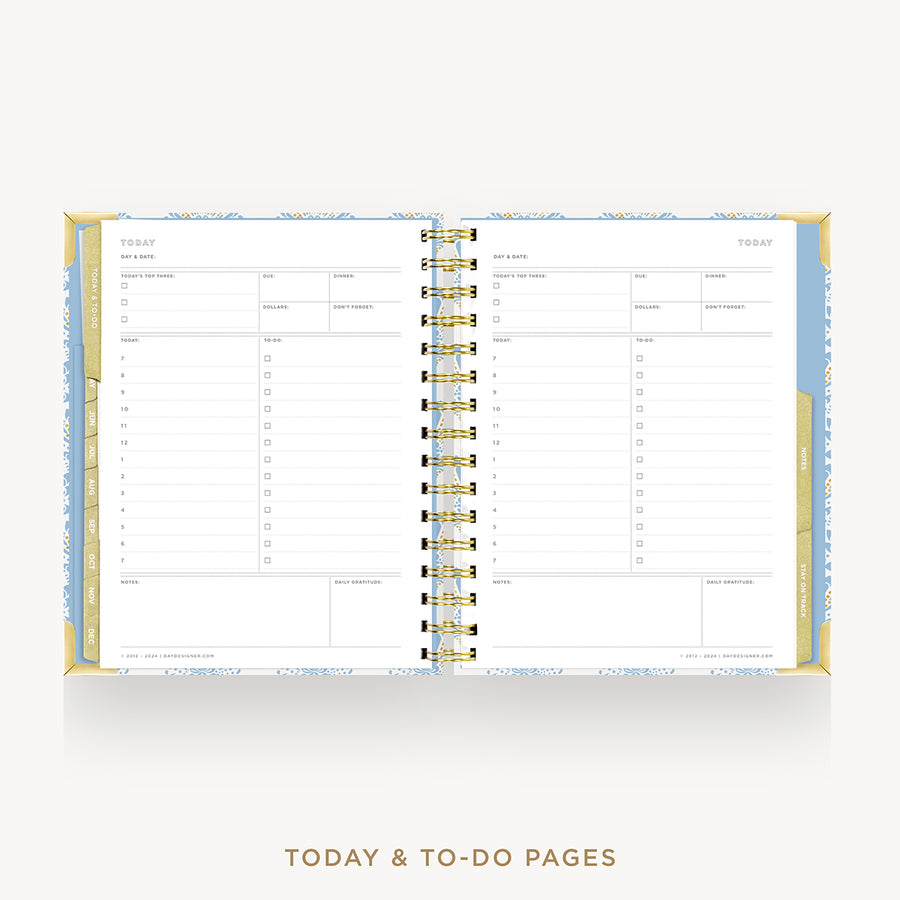 An open spiral-bound planner or agenda showing today's and to-do pages, photographed on a light gray background with the text 'TODAY & TO-DO PAGES' below.