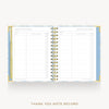 An open spiral-bound thank you note record book with lined pages, shown on a light gray background with the text 'THANK YOU NOTE RECORD' below.