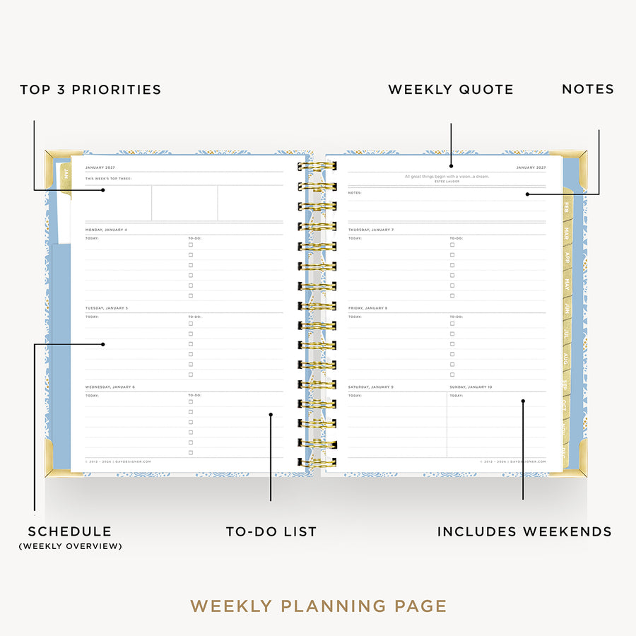 An open spiral-bound weekly planner page with labeled callouts pointing to sections such as top 3 priorities, weekly quote, notes, schedule, to-do list, and includes weekends on a light gray background.