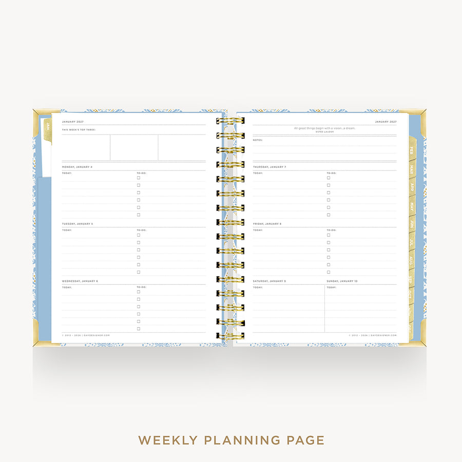 An open spiral-bound weekly planner page with lined sections, checkboxes, and a decorative blue and gold border, shown on a light gray background with the text 'WEEKLY PLANNING PAGE' below.