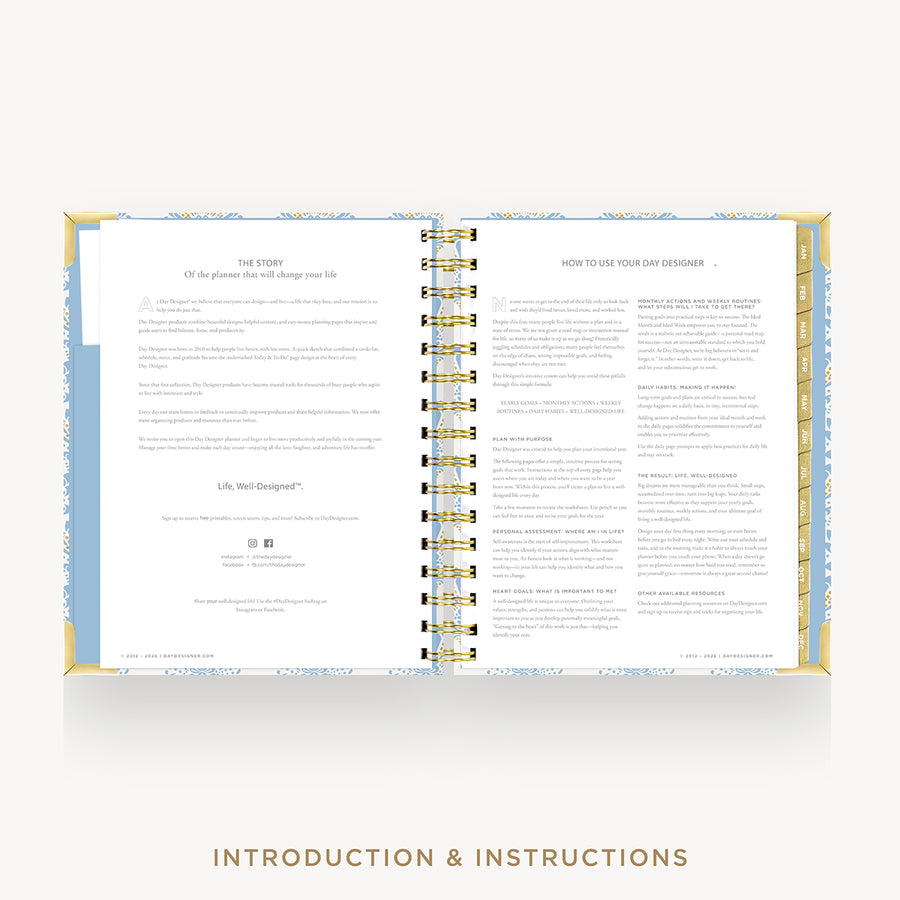 An open spiral-bound booklet or planner showing printed introduction and instructions pages, centered on a light gray background with the text 'INTRODUCTION & INSTRUCTIONS' below.