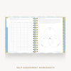 An open spiral-bound workbook showing self-assessment worksheet pages, including a table on the left and a Venn diagram on the right, with decorative blue and gold borders. The text 'SELF-ASSESSMENT WORKSHEETS' appears below on a light gray background.