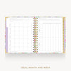 An open spiral-bound planner or calendar showing monthly and weekly layout pages, with a pastel floral border and gold-toned binding, centered on a light gray background with the text 'IDEAL MONTH AND WEEK' below.