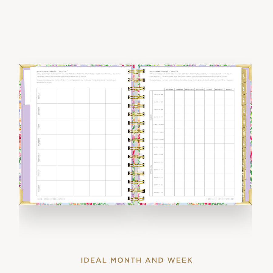 An open spiral-bound planner or calendar showing monthly and weekly layout pages, with a pastel floral border and gold-toned binding, centered on a light gray background with the text 'IDEAL MONTH AND WEEK' below.