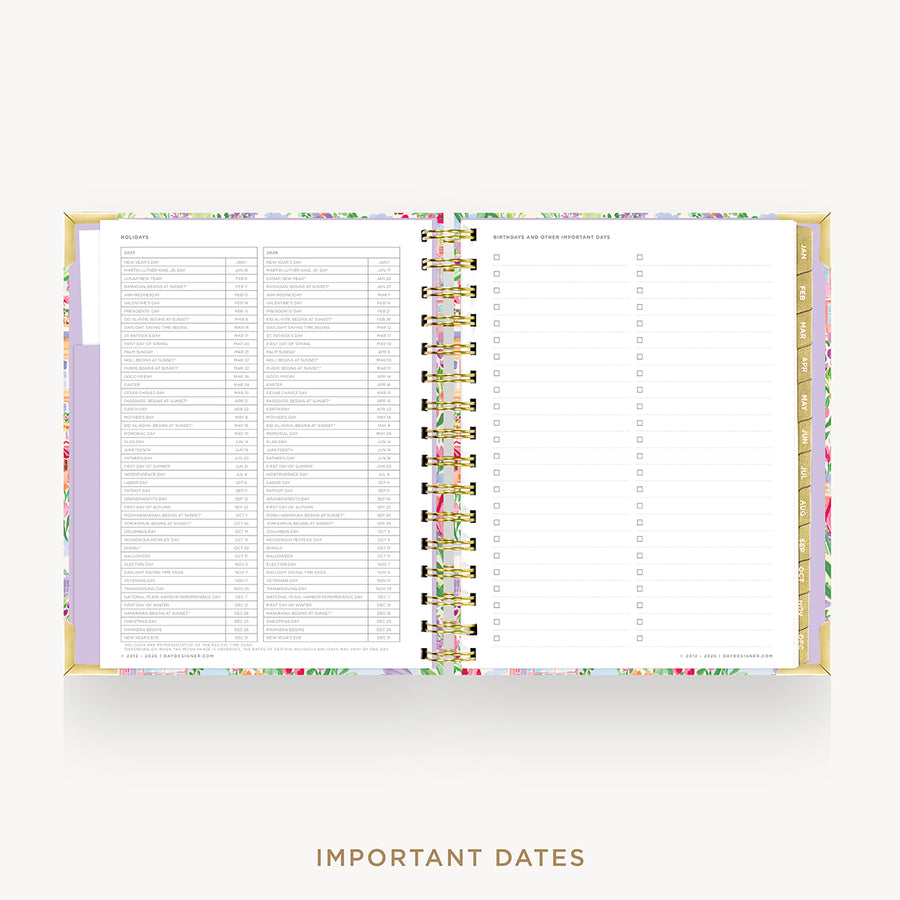 An open spiral-bound planner or agenda with floral-patterned covers and white pages, shown on a light gray background with the words 'IMPORTANT DATES' below.