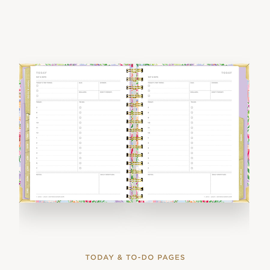 An open spiral-bound planner showing today and to-do pages, with a pastel floral border and gold-toned binding, on a light gray background with the text 'TODAY & TO-DO PAGES' below.