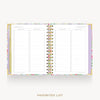 An open spiral-bound planner or notebook showing two interior pages with lined sections titled 'Favorites List' and 'Favorites to Keep,' framed by a pastel floral border. The product is photographed on a clean white background with the text 'FAVORITES LIST' below.