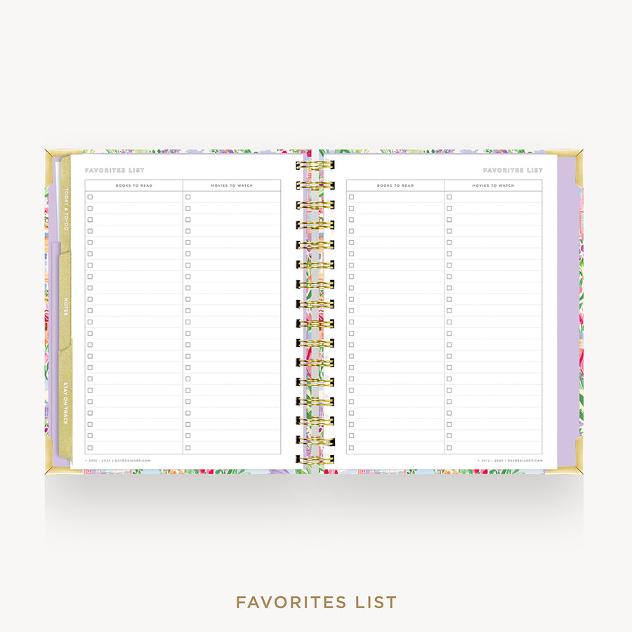 An open spiral-bound planner or notebook showing two interior pages with lined sections titled 'Favorites List' and 'Favorites to Keep,' framed by a pastel floral border. The product is photographed on a clean white background with the text 'FAVORITES LIST' below.