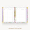An open spiral-bound thank you note record planner shown from above on a light gray background. The pages are white with lined sections and checkboxes, and the cover and inner border feature a pastel floral pattern with gold-toned rings and trim.