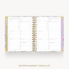 An open spiral-bound planner or notebook showing entertainment checklist pages, with a pastel floral border and gold-toned binding, centered on a light gray background. The text 'ENTERTAINMENT CHECKLIST' appears below.