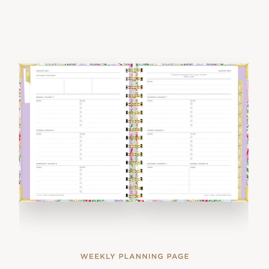 An open spiral-bound weekly planner page with lined layout sections, shown on a light gray background with the text 'WEEKLY PLANNING PAGE' below.