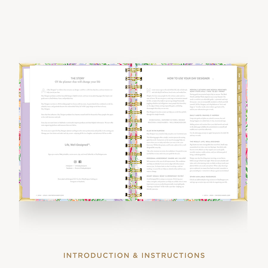 An open spiral-bound booklet with floral-patterned edges and printed introduction and instructions pages, shown on a light gray background with the text 'INTRODUCTION & INSTRUCTIONS' below.