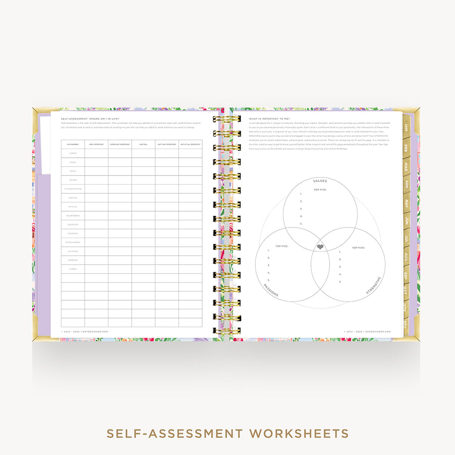 An open spiral-bound workbook showing self-assessment worksheets with tables and a Venn diagram on white pages, framed by a pastel floral border and gold-toned binding, on a light gray background with the text 'SELF-ASSESSMENT WORKSHEETS' below.