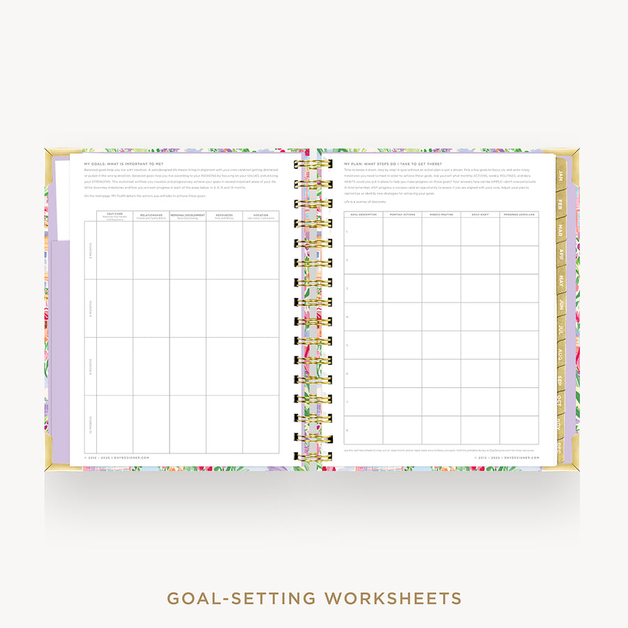 An open spiral-bound planner or notebook showing goal-setting worksheet pages on a light gray background, with the text 'GOAL-SETTING WORKSHEETS' below.