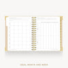 An open spiral-bound planner or calendar showing a monthly and weekly grid layout on white pages, with a gold-toned ring binder and gold border accents. The text 'IDEAL MONTH AND WEEK' appears below the planner on a light gray background.