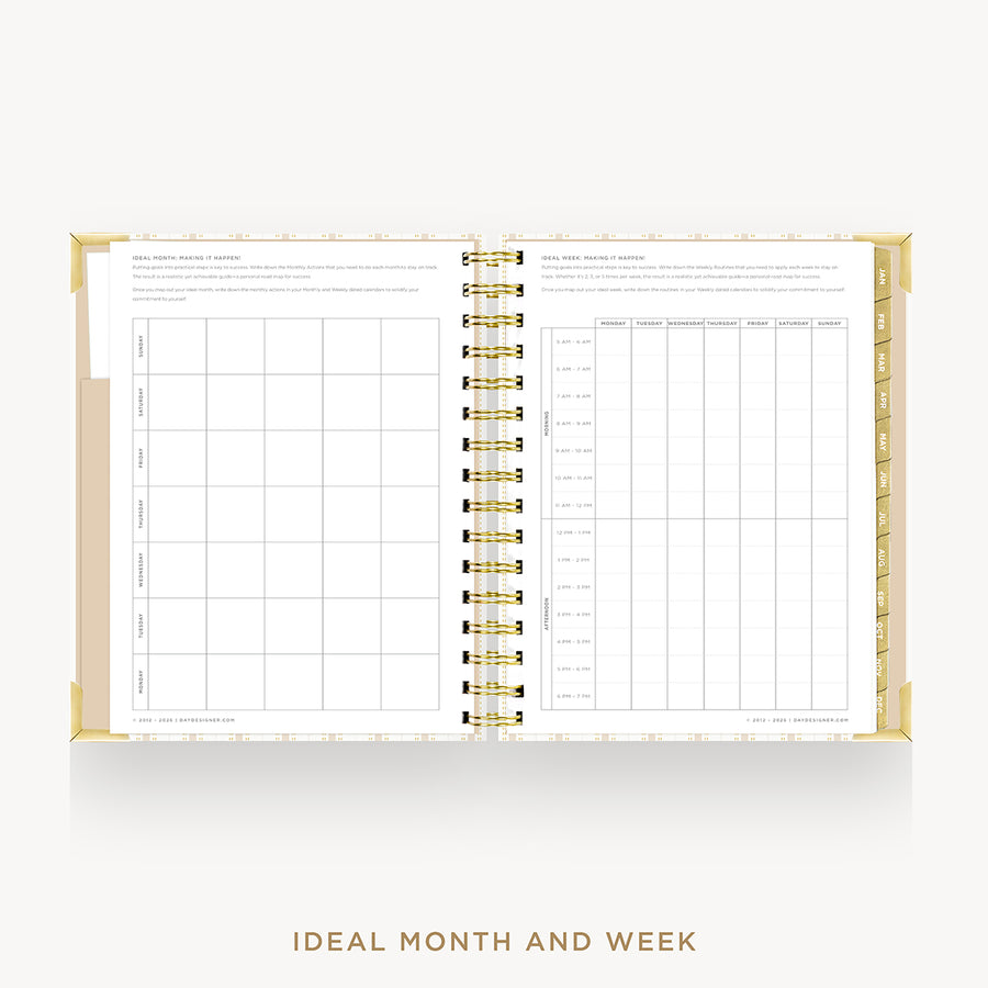 An open spiral-bound planner or calendar showing a monthly and weekly grid layout on white pages, with a gold-toned ring binder and gold border accents. The text 'IDEAL MONTH AND WEEK' appears below the planner on a light gray background.