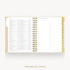 An open spiral-bound planner or agenda with gold-toned rings and a white page layout, showing a checklist and table columns on the left page. The cover edges are gold, and the words 'IMPORTANT DATES' appear below the product on a light gray background.