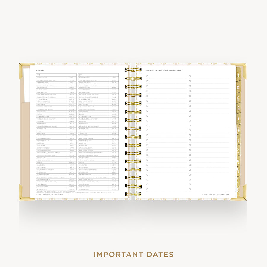 An open spiral-bound planner or agenda with gold-toned rings and a white page layout, showing a checklist and table columns on the left page. The cover edges are gold, and the words 'IMPORTANT DATES' appear below the product on a light gray background.