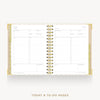 An open spiral-bound planner showing today and to-do pages, with a gold-toned cover and gold wire binding on a light gray background. Text below reads 'TODAY & TO-DO PAGES'.