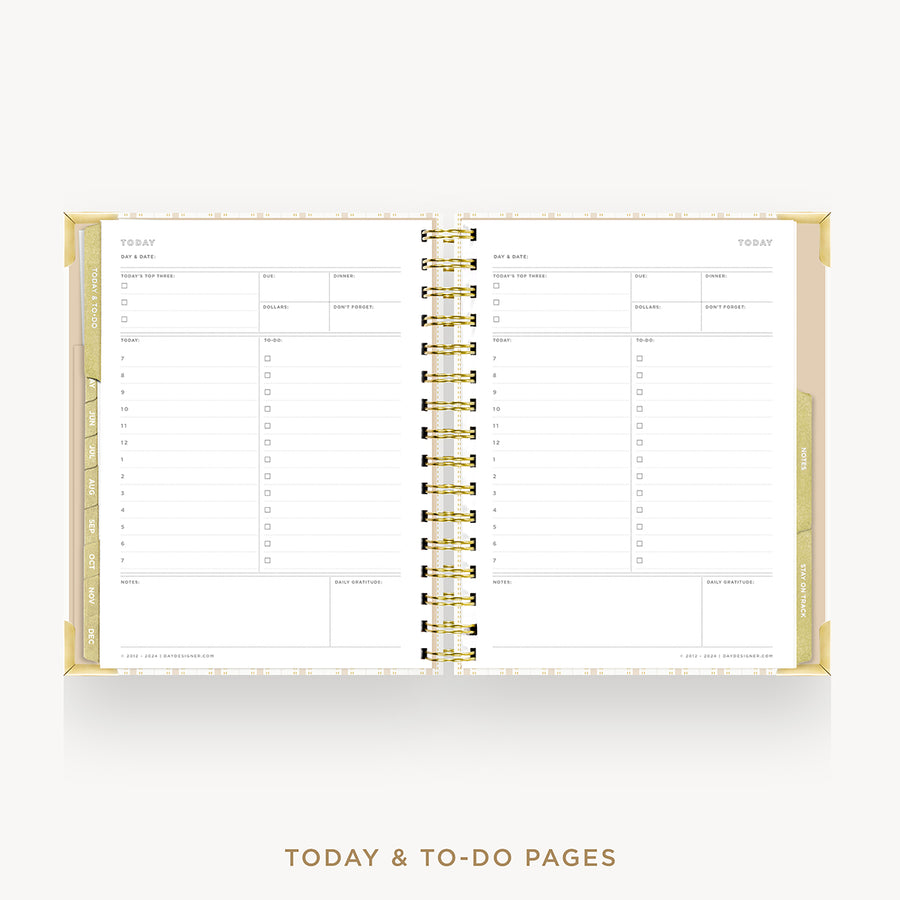 An open spiral-bound planner showing today and to-do pages, with a gold-toned cover and gold wire binding on a light gray background. Text below reads 'TODAY & TO-DO PAGES'.