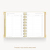 An open spiral-bound thank you note record planner on a light gray background, with gold-toned binding and lined pages visible. The text 'THANK YOU NOTE RECORD' appears below the product.