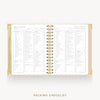 An open spiral-bound checklist planner showing detailed packing and travel checklists on the pages, with gold corner accents and a gold spiral binding, set against a light gray background with the text 'PACKING CHECKLIST' below.