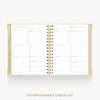 An open spiral-bound planner or checklist book showing two interior spread pages titled 'ENTERTAINMENT CHECKLIST' on a light gray background, with the same title printed below.