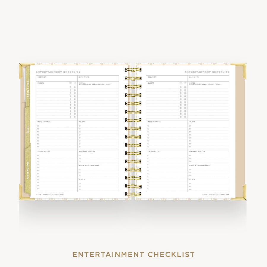 An open spiral-bound planner or checklist book showing two interior spread pages titled 'ENTERTAINMENT CHECKLIST' on a light gray background, with the same title printed below.