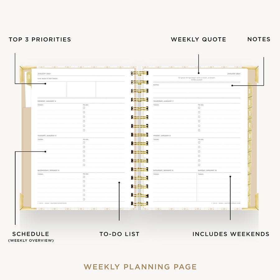 An open spiral-bound weekly planner page shown on a light gray background with callout labels pointing to sections such as top 3 priorities, weekly quote, notes, schedule, to-do list, and includes weekends.