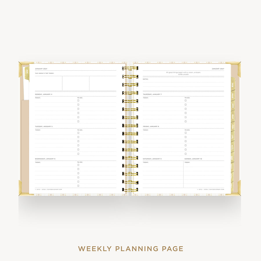 An open spiral-bound weekly planner page with gold-toned rings and a white page layout, shown on a light gray background with the text 'WEEKLY PLANNING PAGE' below.