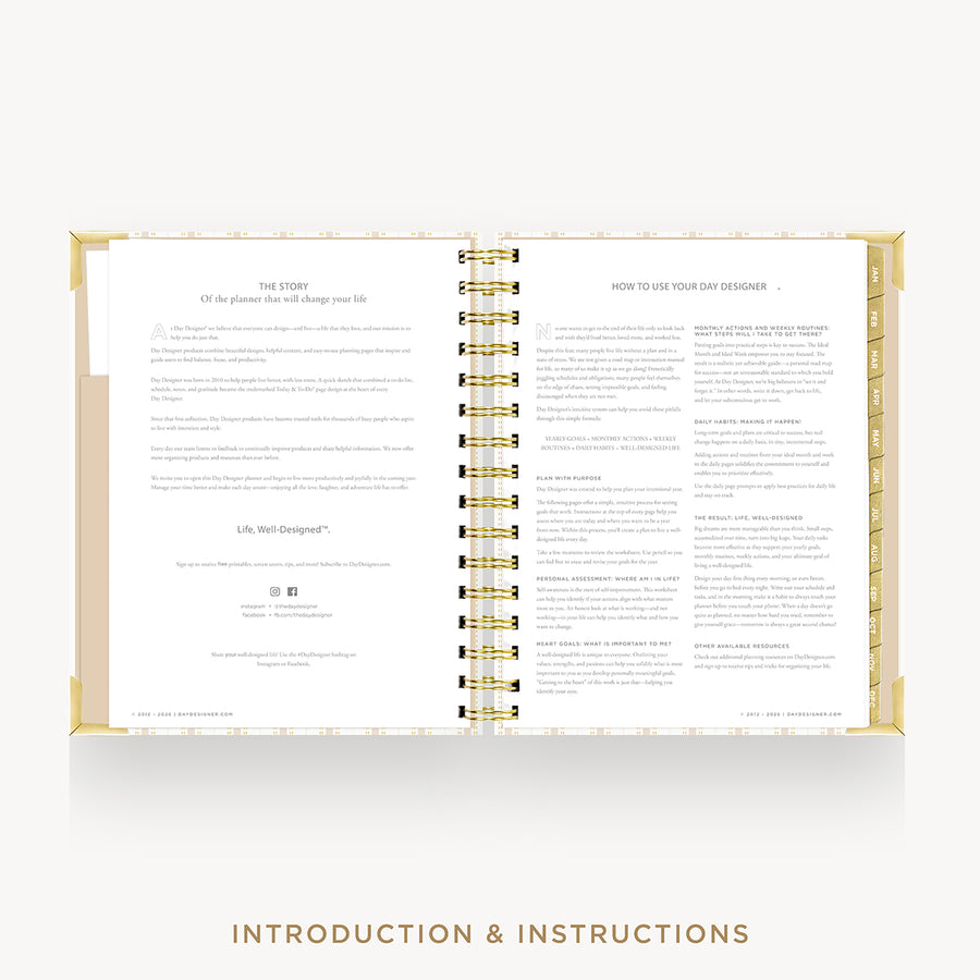 An open spiral-bound booklet with printed text pages, shown on a light gray background with the words 'INTRODUCTION & INSTRUCTIONS' below.