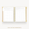 An open spiral-bound planner or notebook showing two pages of goal-setting worksheets, with a gold ring binder and gold corner accents on a light gray background. Text below reads 'GOAL-SETTING WORKSHEETS'.